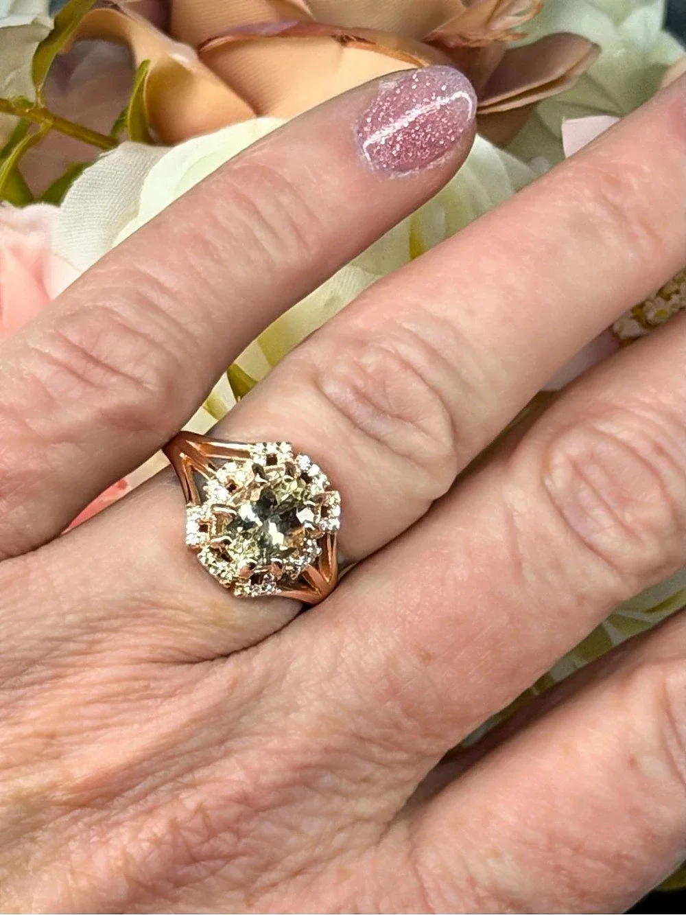 Exquisite Natural Morganite 1.20CT Zircon Halo 18K Rose Gold Overlay Ring Size 6